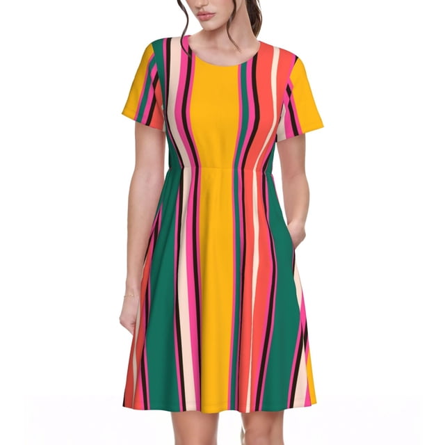 Balery Vertical Stripes Vestidos sueltos de manga corta para mujer, vestidos de verano 2025, vestidos casuales de corte A con vuelo.