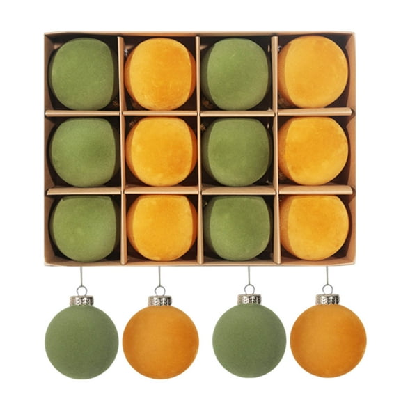 DAMAI 12 Pieces Textured Globe Christmas Flocking Ball Decoration, 3 Inch Xmas Hanging Balls Xmas Tree Hanging Pendants for Xmas Thanksgiving Festival Hanging Decor - Green and Yellow
