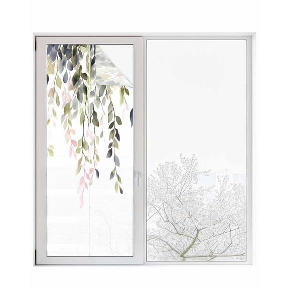 Window Privacy Film Sage Green Leaves Stained Glass Window Film Decorative Sun Block Window Cover Farmhouse Eucalyptus Branch Vines Window Clings Static Adhesive Sticker for Bathroom 29.5"x78.7"