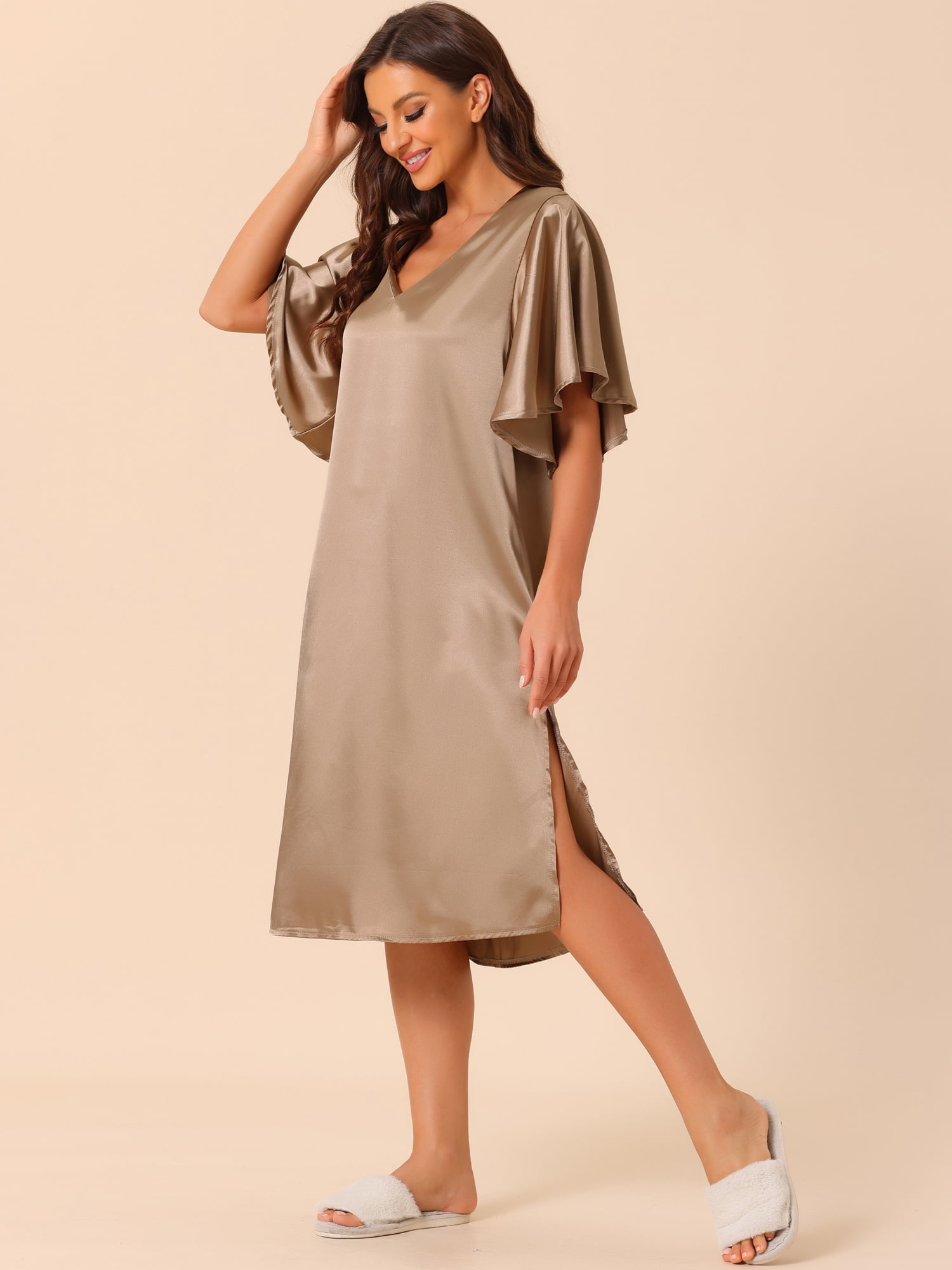 DARING DIVA Women's Satin Flare Bell Short Sleeve Nightgown XS Light Brown