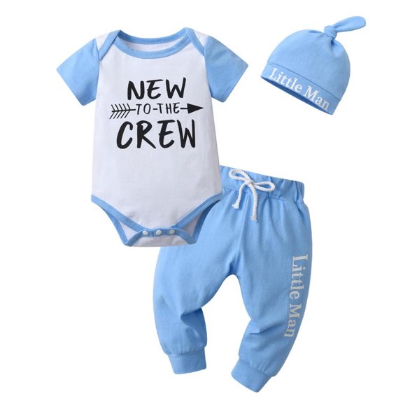 Newborn Baby Boy Clothes Letter Long Sleeve Romper Pants Hat 3PCS Outfits Set Blue