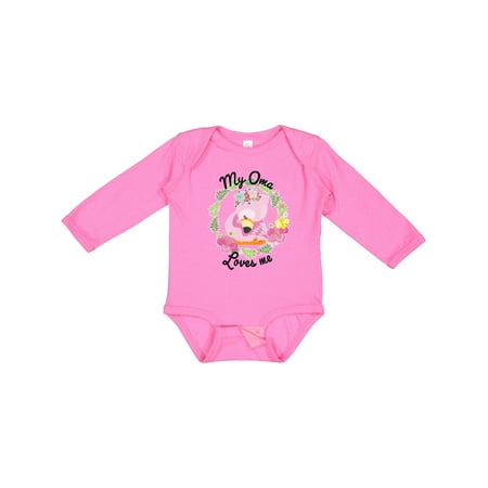 

Inktastic Baby Flamingo My Oma Loves Me with Flower Wreath Gift Baby Boy or Baby Girl Long Sleeve Bodysuit