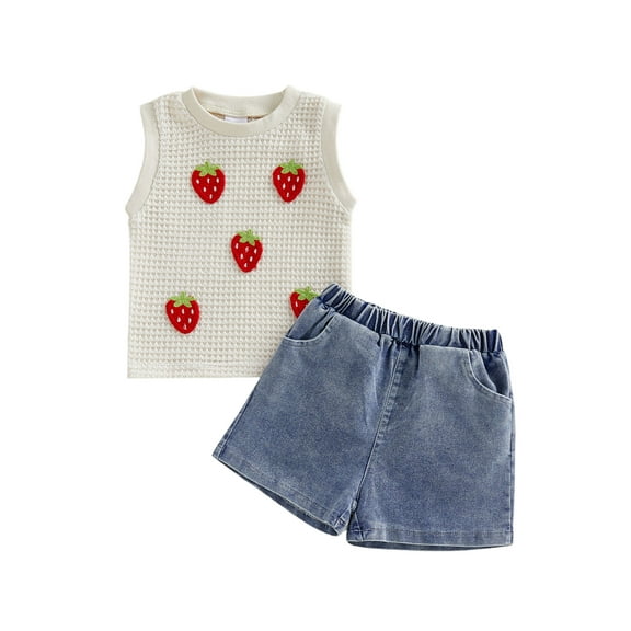 BemeyourBBs Toddler Baby Girl Summer Clothes Cute Infant Baby Girls Strawberry Outfit 3D Strawberry Tank Tops and Pockets Denim Shorts 2 Piece Set