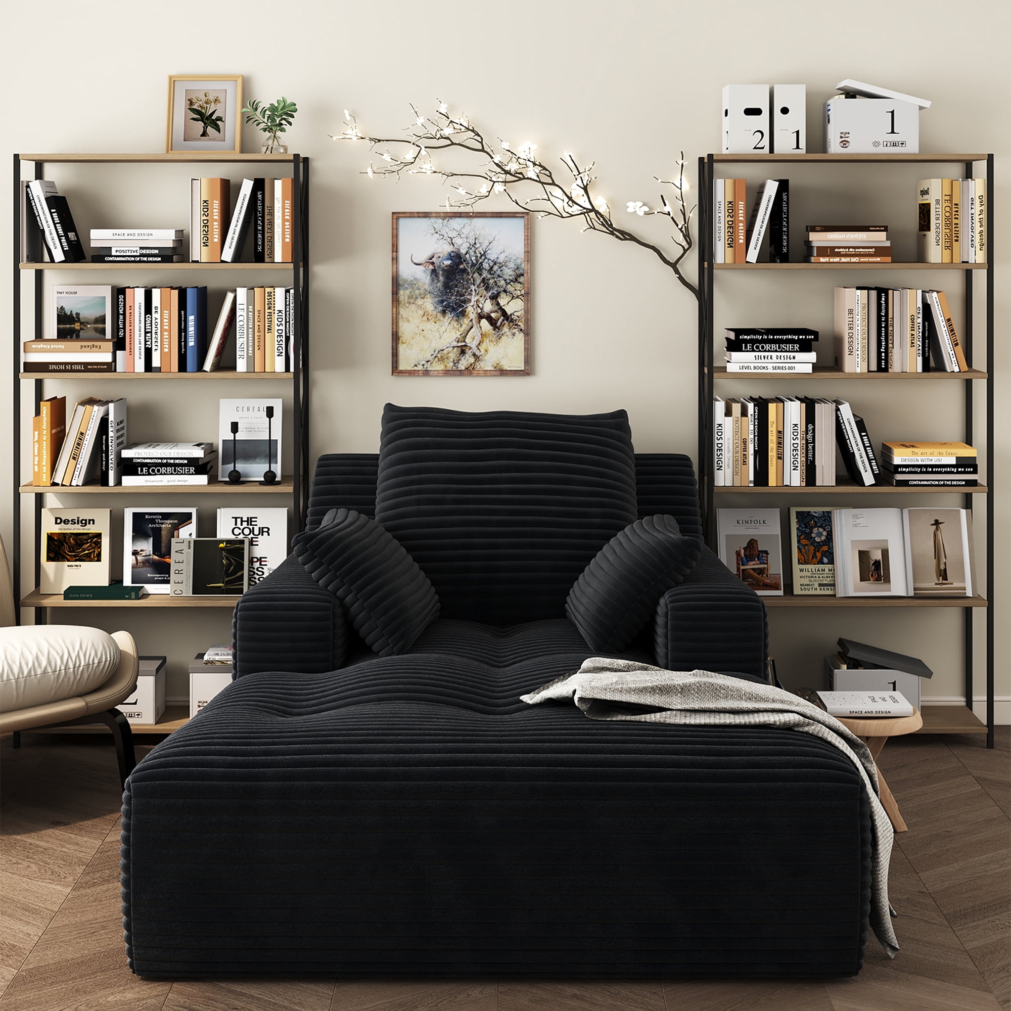 67'' Oversized Chaise Lounge Chair Indoor, Cloud Plush Corduroy Upholstered Sofa Bed, Modern Deep Seat Sofa with Back Cushion, Pillows, Cozy Sleeper Couch for Living Room, No Assembly Required, Black