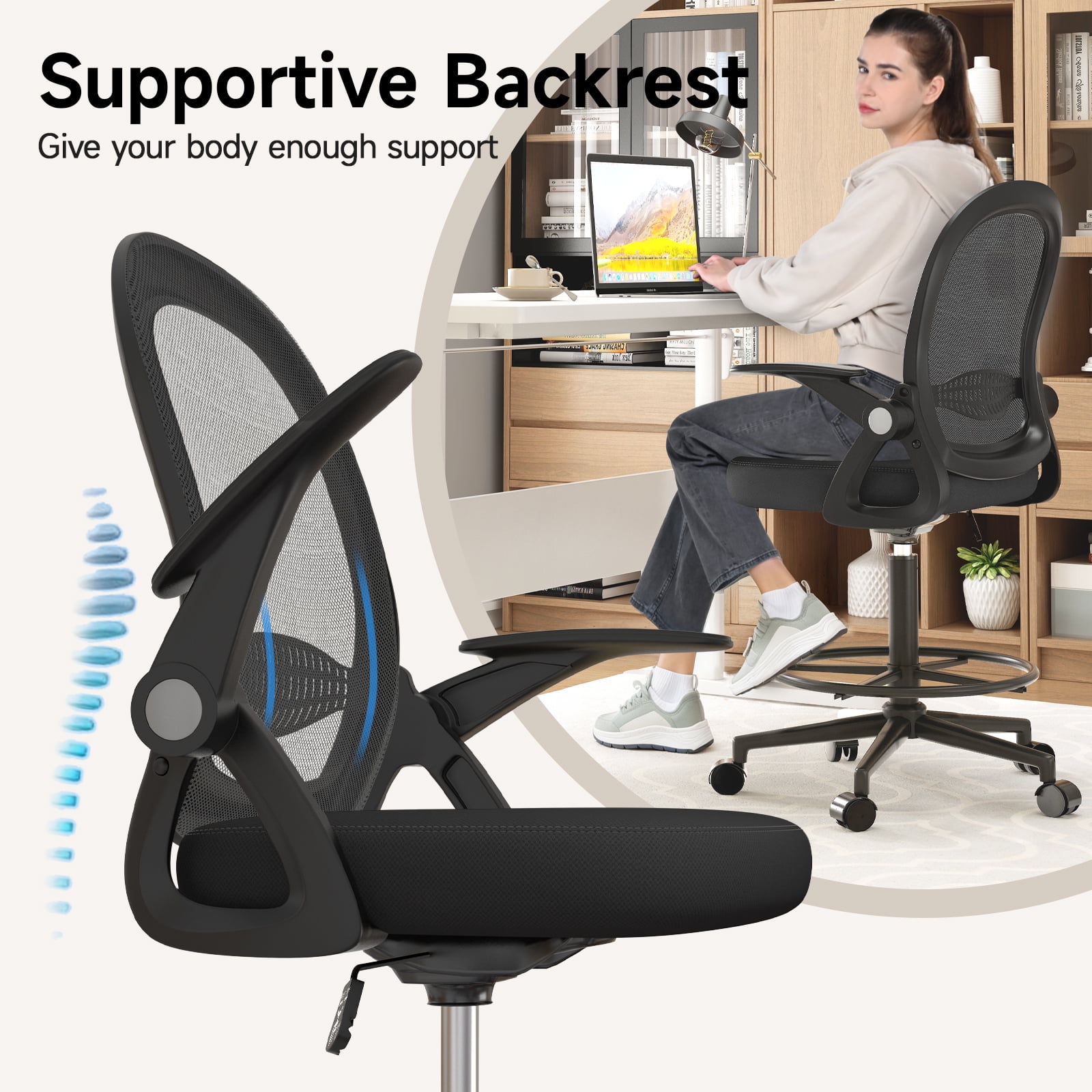Dryfeedo Drafting Chair, Ergonomic Tall Office Chair with Adjustable Flip-Up Armrests and Footrest, Black