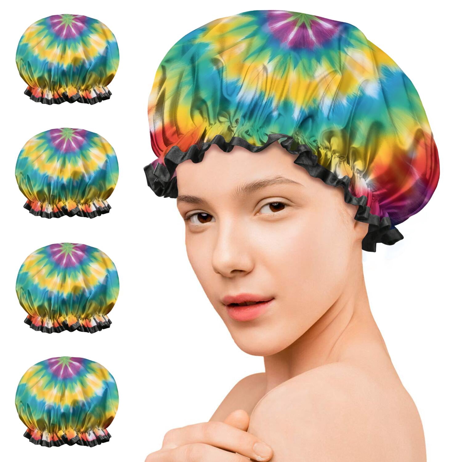 Shower Caps,Rainbow Tie Dye Mandala Pattern Waterproof Shower Cap for Women 4 Pieces,Double Reusable Hair Cover for Shower PEVA Elastic Stretch Hem