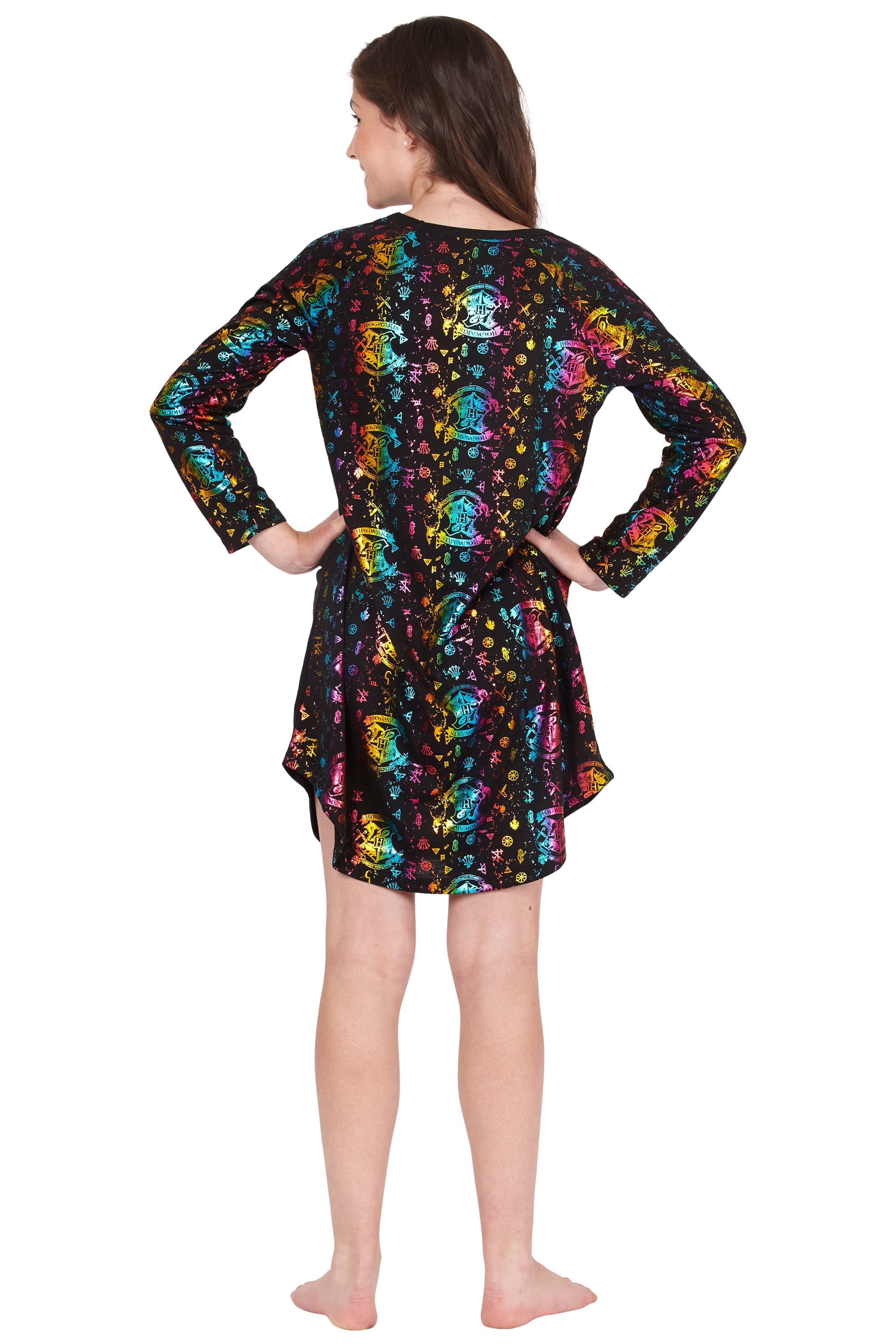 Harry Potter Girls' Hogwarts Rainbow Hologram Print Raglan Long-Sleeve Nightgown Pajama