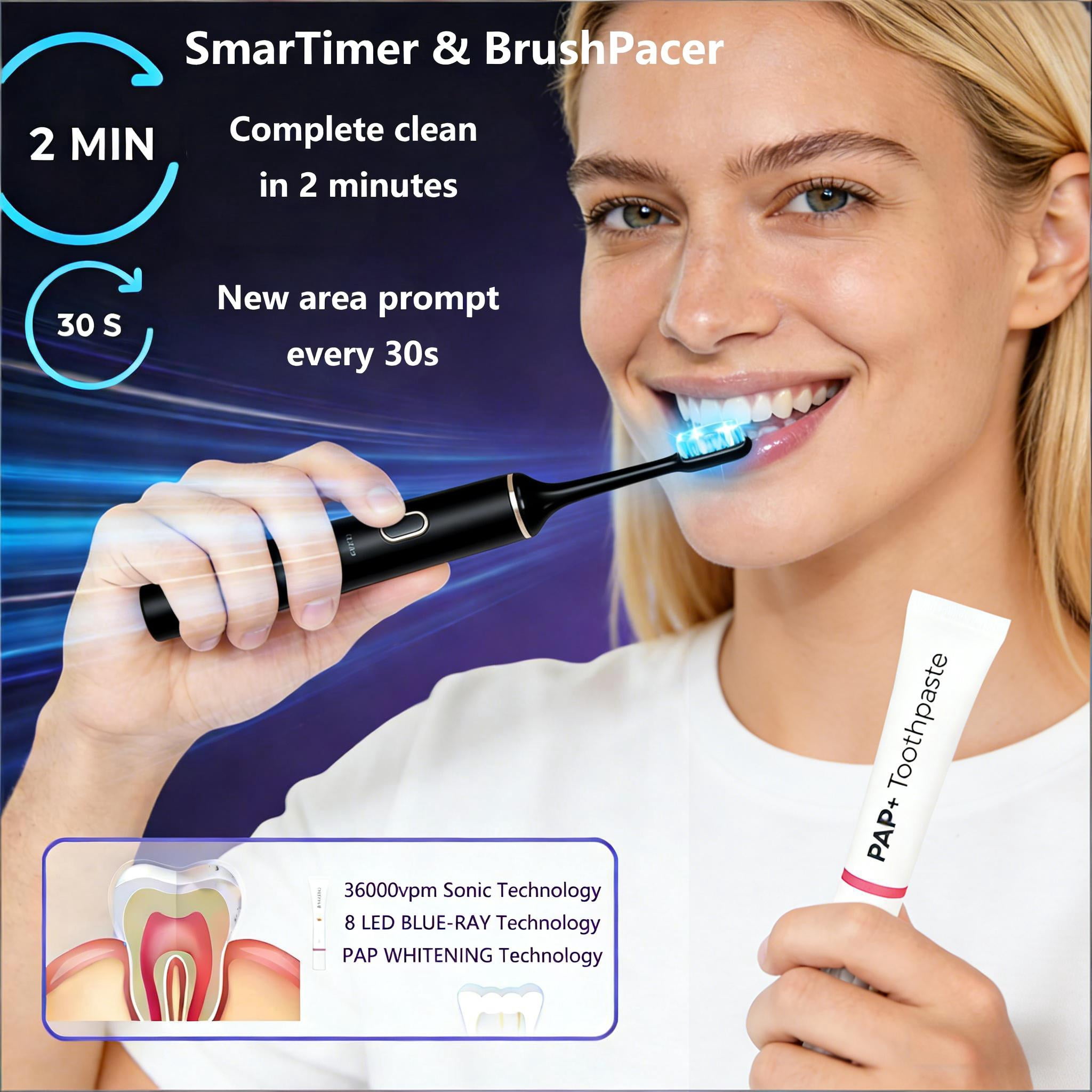 Triple Whitening Sonic Toothbrush and PAP+ Toothpaste Kit | 8 Blue LED | 5 Modes | IPX7 Waterproof | 50-Day Battery | Wireless Charging | Black