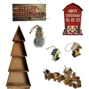 Fraser Hill Farm Woodland Christmas 7-Piece Decorating Kit: Tree Shelf, Lighted Barn, Train, Wall Sign, Snowman, and 2 Birdhouse Ornaments