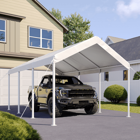 Bapipro 10' x 20' Heavy Duty Portable Carport Tent – White Outdoor Car Canopy with Wind-Resistant & Tear-Resistant Tarp Cover, No Sidewalls