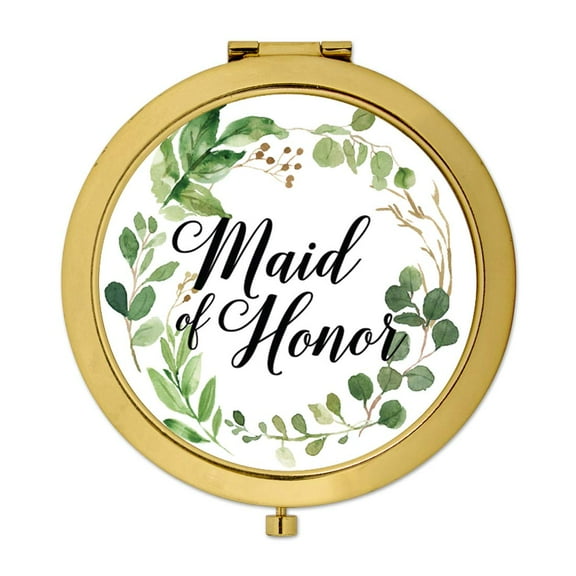 Koyal Wholesale Compact Mirror Maid of Honor Wedding Gift, Gold, Greenery Green Leaves, 1-Pack