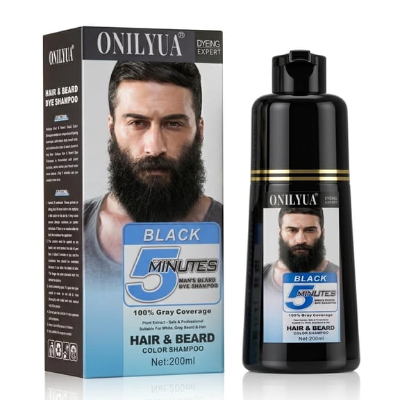Men's Long-Lasting Black Hair Dye & Root Touch Up for Gray Coverage - 5 Minute Natural Beard & Mustache Coloring Shampoo 3-in-1