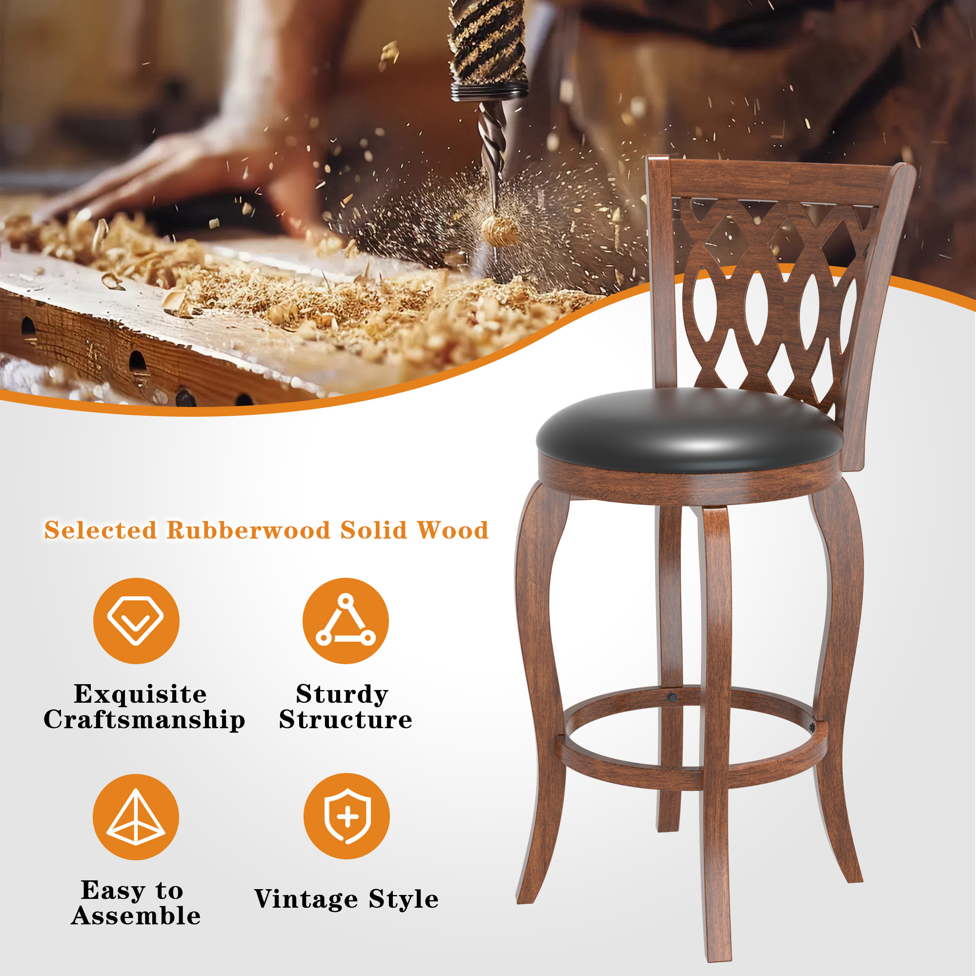 Joywind 29" Bar Height Swivel Bar Stools with High Back, Upholstered Seat & Solid Wood Footrest, Brown, Set of 2
