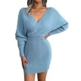thumbnail image 3 of Women'S Cocktail Batwing Long Sleeve Wrap Knit Sweater Mini Dress  Blue L, 3 of 9