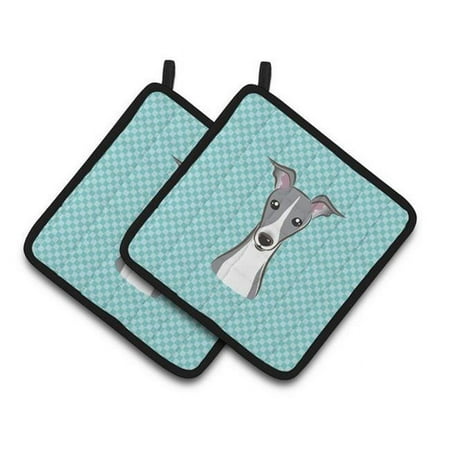 

Checkerboard Blue Italian Greyhound Pair of Pot Holders