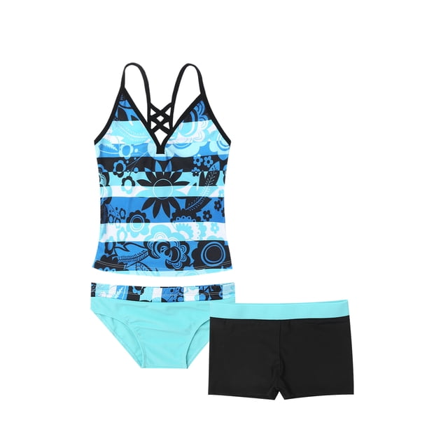 RUNQHUI Kids Girls Swimwear Swimming Tankini Bikini Set Athletic Beach Sports Swimsuit Rash Blue 10