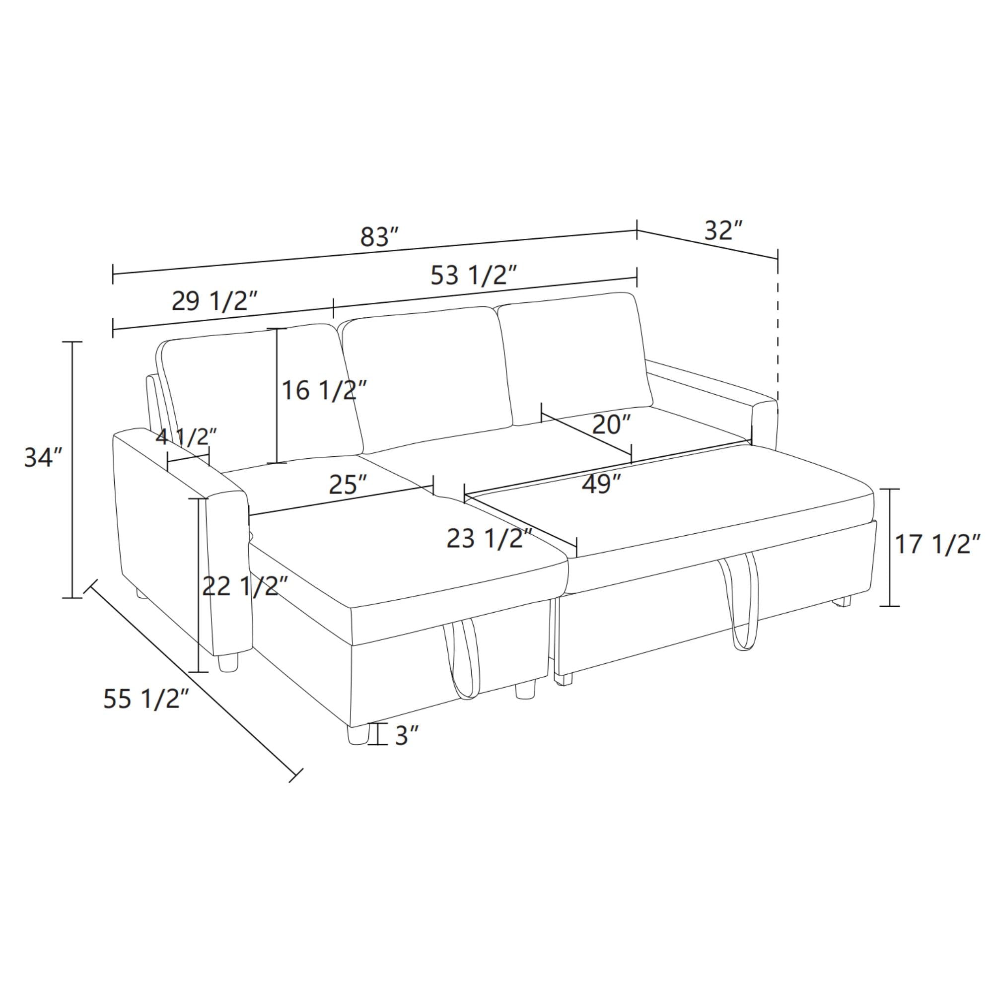 Pull Out Sofa Bed with Storage Chaise, L Shape Sectional Couch Bed Sleeper Sofa with 2 Pillows for Living Room, Black