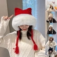 thumbnail image 2 of Pigtail Tassel Patchwork Color Knitted Hat Warm Cat Ears White Fluffy Edge Girls Beanie Cap for Autumn Winter, 2 of 10