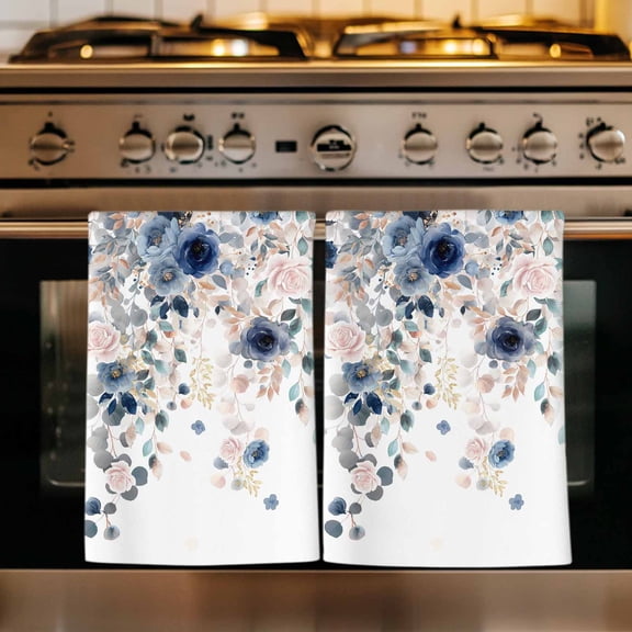 Navy Blue Flowers Kitchen Towels Set of 1, Spring Floral Elegant Pastoral Watercolor Absorbent Dish Towels for Kitchen, Microfiber Hand Towel, Quick Drying Tea Towel for Cleaning Dishcloths
