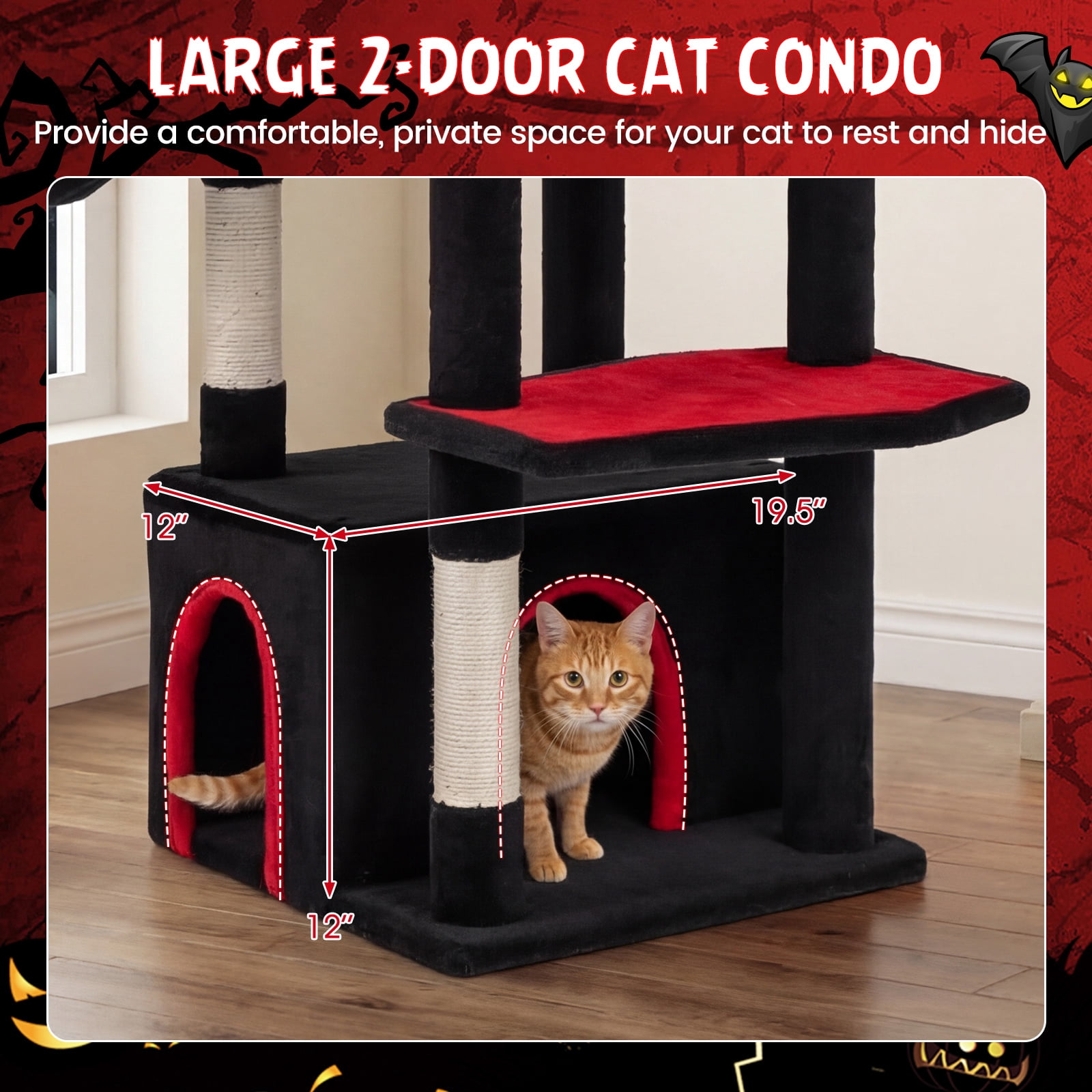 Gymax 63'' Gothic Cat Tree w/ Condo Top Cave Sisal Scratching PostsBat Hanging Toy