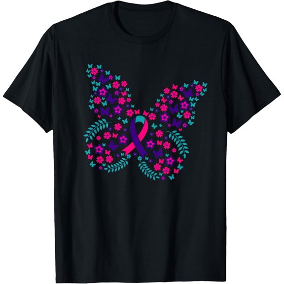 t-shirt Flower Butterfly Thyroid Cancer Awareness Ribbon Gifts T-Shirt mens,black,women,funny,journey,Crew Neck, Short Sleeve,printing