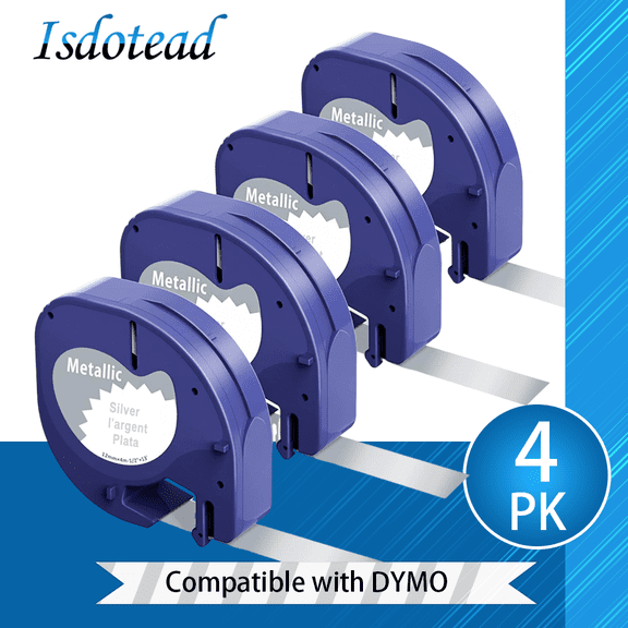 4 PackMetallic Labeling Tape 91338 Compatible for Dymo Label Maker Refills, Black Print on Metallic Silver Tape, 12mm x 4m - 1/2" x 13', Compatible with Dymo Letratag Label Maker LT-100H LT-110T QX50