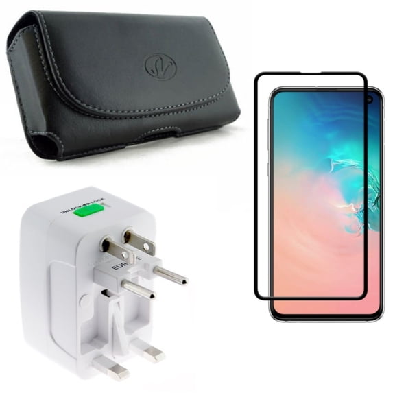 Galaxy S10e Case Belt Clip w International Charger w Screen Protector - Leather Holster Cover, Travel Adapter Plug Converter, Tempered Glass 5D Curved Edge for Samsung Galaxy S10e Phone