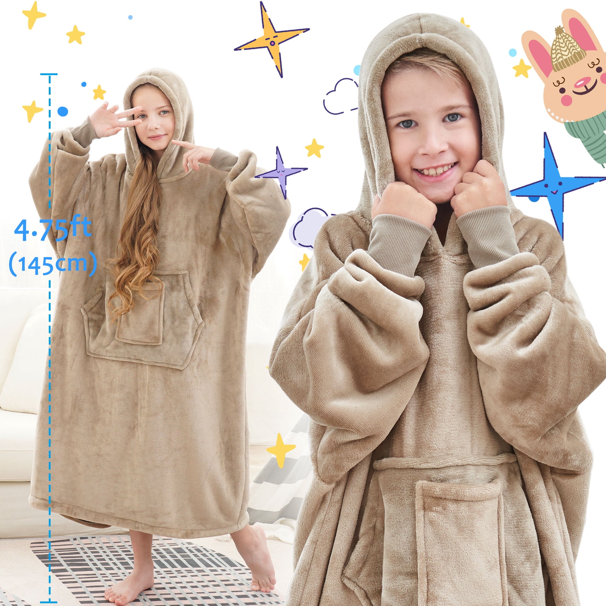 REDESS Oversized Wearable Blanket Hoodie Sweatshirt for Unisex Boy and Girl-Brown