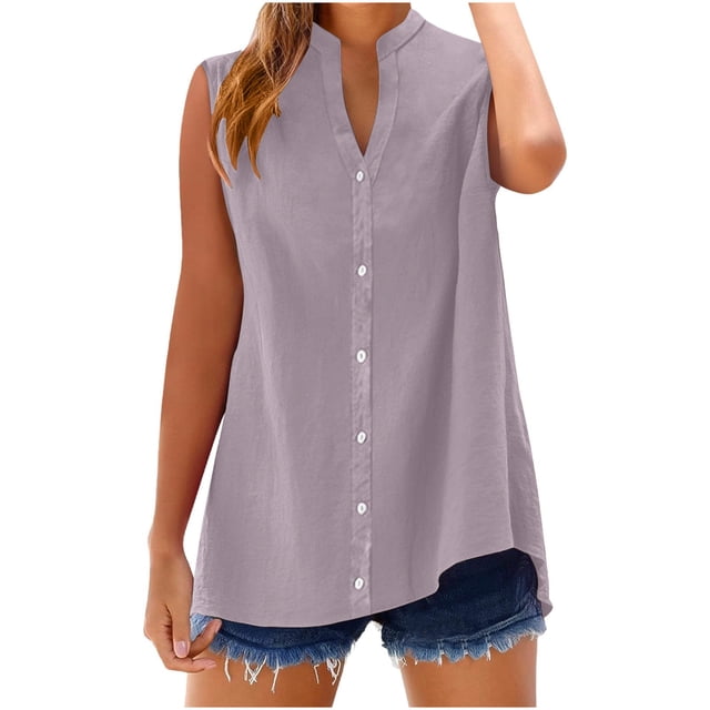 Ohufall Button Tank Tops for Womens Plus Size Solid Short Sleeve Cotton and Linen Tops Comfy Loose Fit Blouse, Size S-5XL