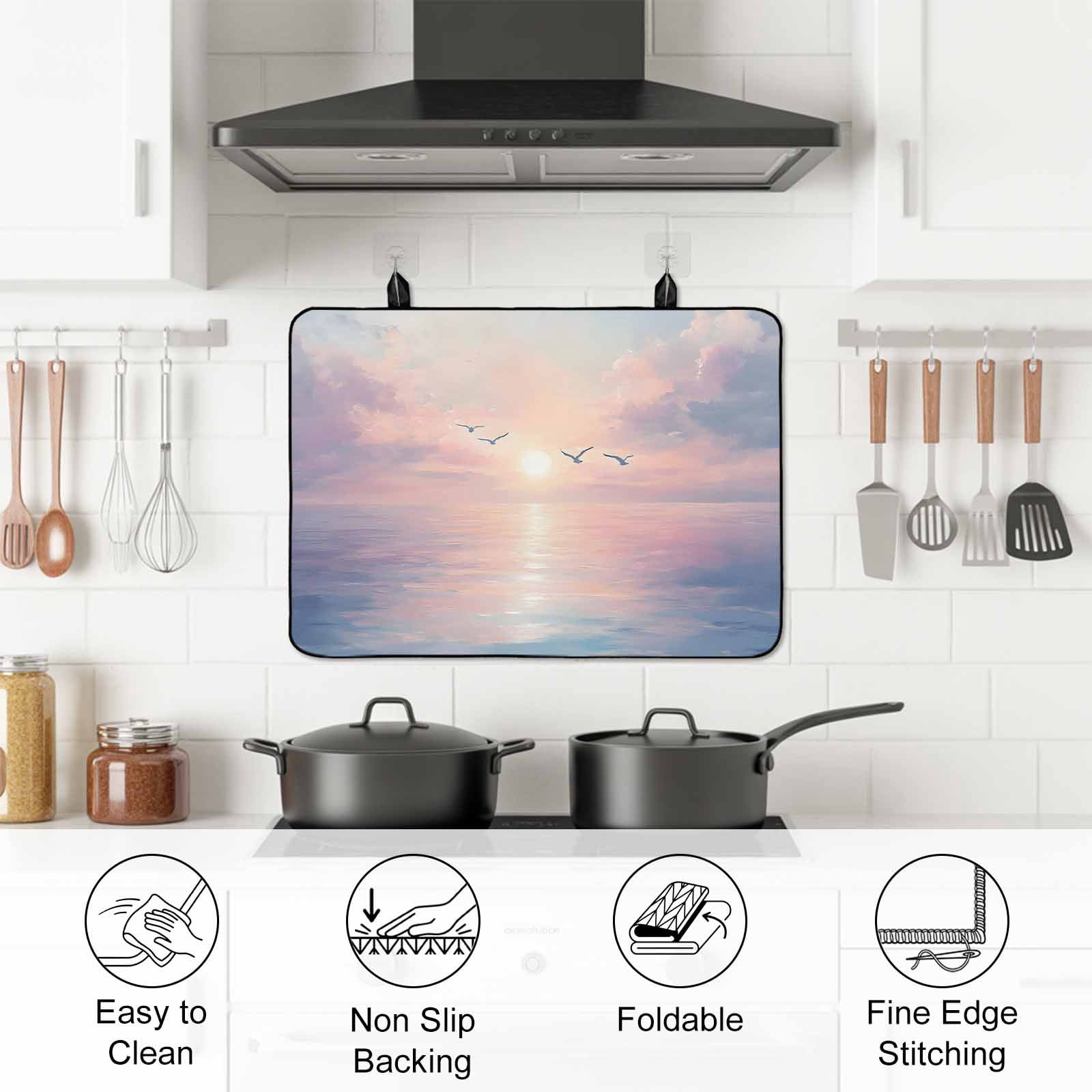 Ocean Seagull Stove Top Cover for Electric Stove, Heat-proof & Non Slip Glass Top Stove Cover Protector, Pink Blue Sunset Clouds Gradient Landscape Kitchen Flat Cooktop Rubber Mat 24x21 Inches