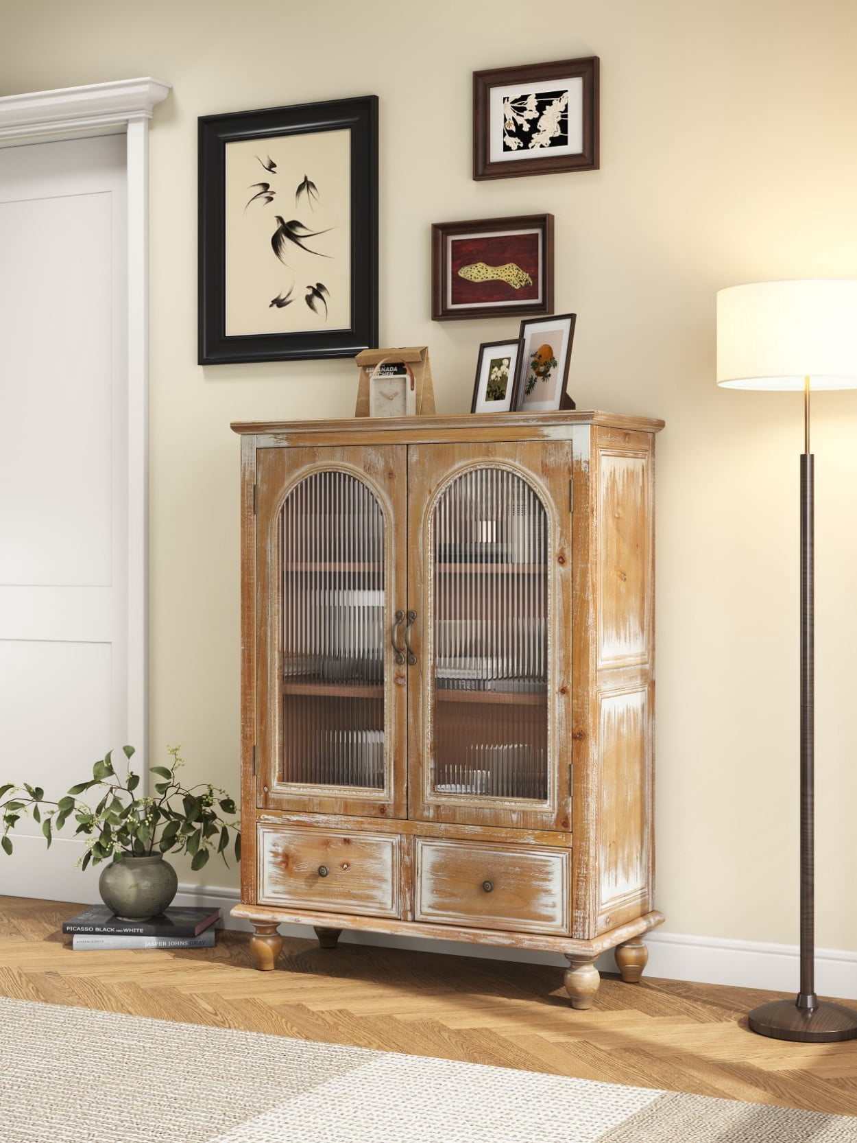 Farmhouse Storage Cabinet, Rustic Kitchen Pantry Cabinet with 2 Glass Doors, 2 Drawers, Adjustable Shelves, Freestanding Buffet Cupboard, Vintage Hutch Cabinet, Antique Brown