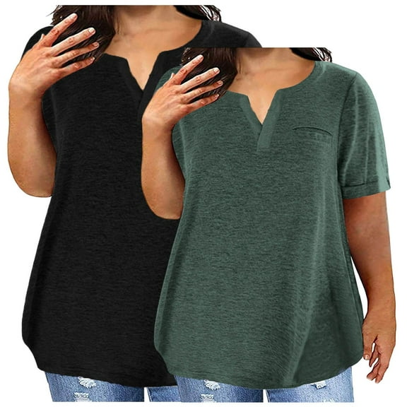 T-Shirt for Women Plus Size Clearance 2PC V-neck Short Sleeve Solid Color Oversized T-shirt Army Green 4XL