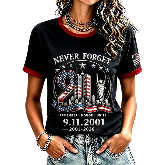 EANJE Vintage 9/11 Never Forget Memorial T-Shirt Women Tee 25 Years Honor Unite Patriot Day American Flag Graphic Casual Short Sleeve Crewneck TopsBlack 3XL