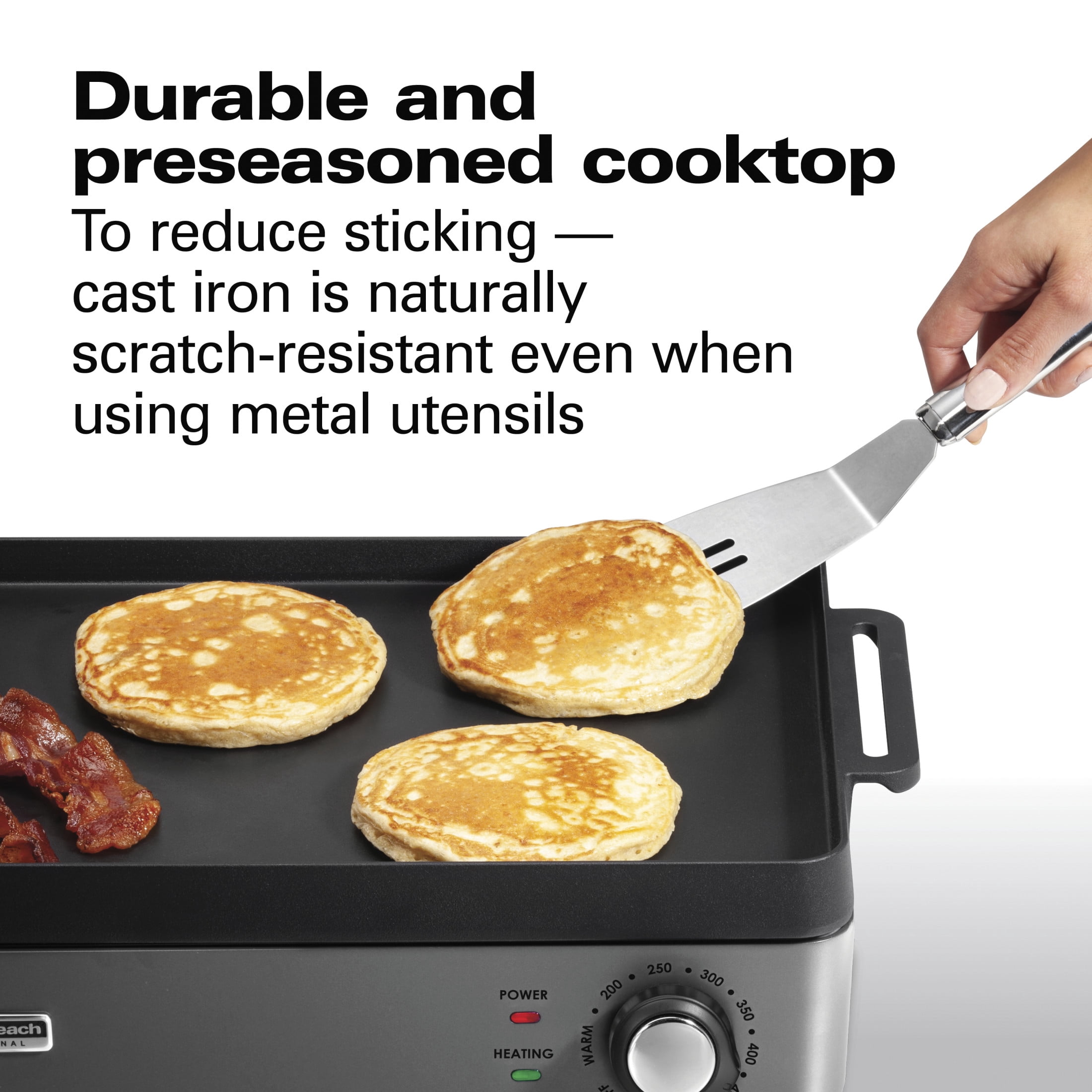 Hamilton Beach Professional Cast Iron Electric Grill, 10" x 16" Preseasoned Cooking Surface, Adjustable Temp. up to 450° F
