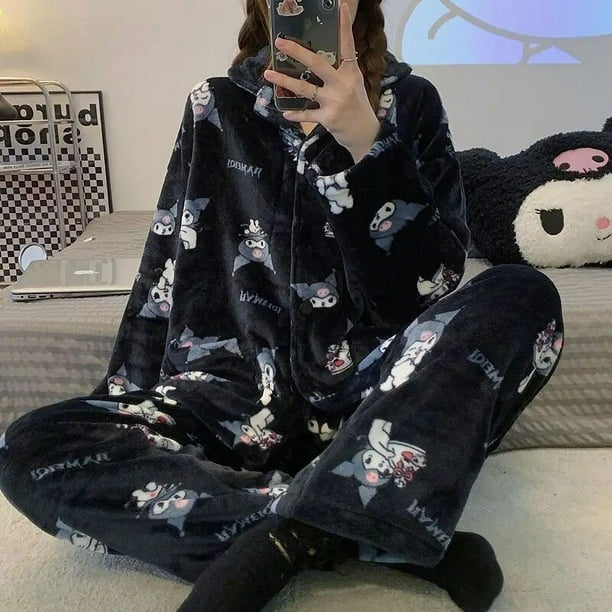 Sanrio Kuromi-Pijama de lana de Coral para hombre y mujer, traje cálido de manga larga con dibujos animados para el hogar, otoño e invierno, novedad