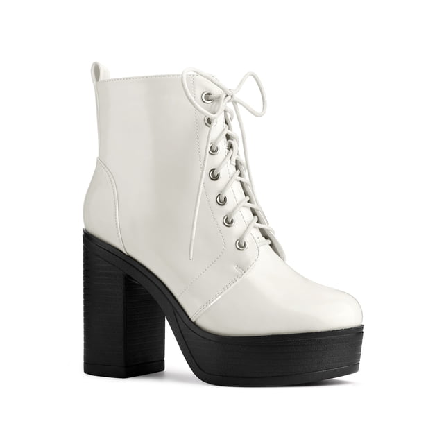 Unique Bargains Bottes de Combat Western à Plateforme à Lacets à Talon Épais pour Femme Blanches (Taille 6,5)