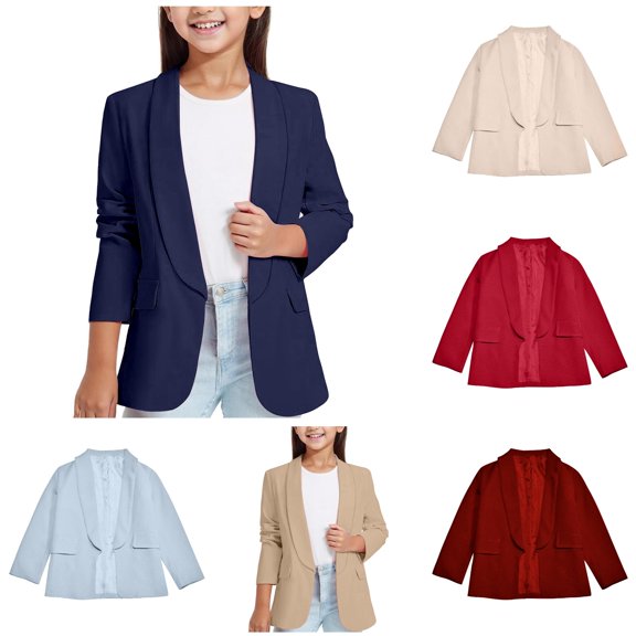 WhouRiu Girls Formal Suit Jacket Solid Color Long Sleeve Shawl Collar Blouse Kids Fashion Elegant Open Front Tops With Pockets,5-6 Years