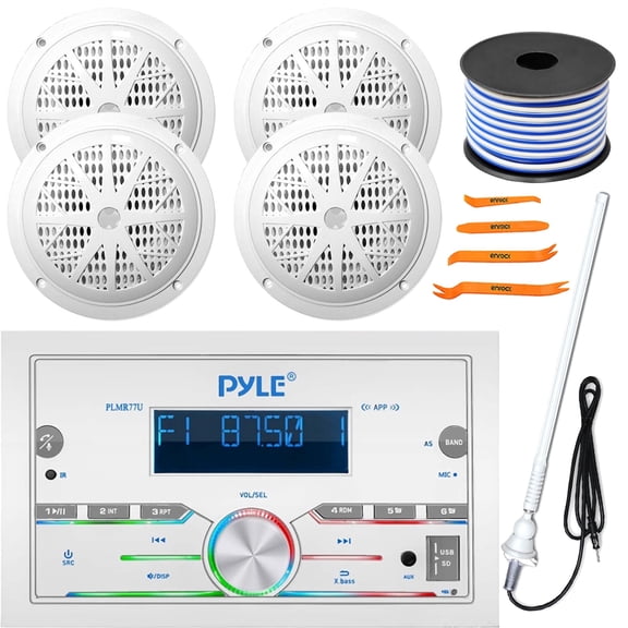 Pyle PLMR77U Double DIN Marine Bluetooth USB/AUX MP3 Player AM/FM Radio Stereo Receiver W/Remote Control, 4x 6.5'' 120W Max Dual Cone Speakers, Antenna, Speaker Wire, 4-Piece Removal Pry Tool Set