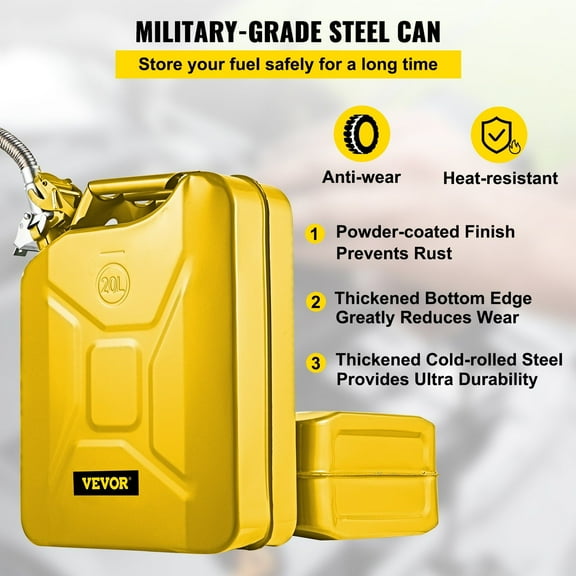 20L / 5.3 Gallon Steel Jerry Can – Portable Fuel Container with Flexible Spout for Gasoline, Diesel, and Kerosene (Yellow)