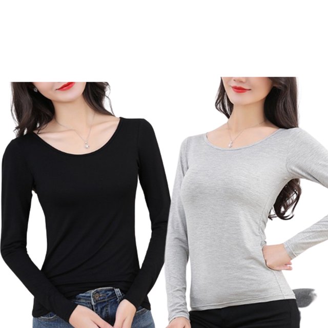 Ropa interior térmica femenina de manga larga con cuello redondo, camisa de fondo de otoño para el hogar y la Oficina, ropa interior para Prendas para la parte del cuerpo 2 piezas negro gris XL Qarigey AP013721-10