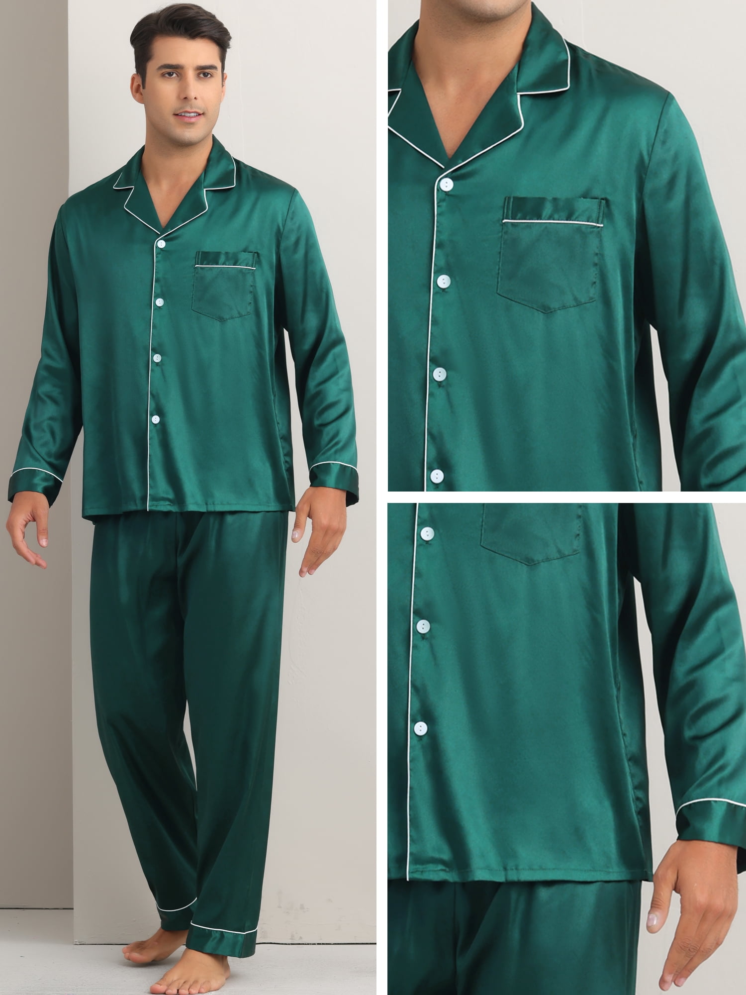 DARING DIVA Men's 2-Piece Homewear Button Down Long Sleeve Shirt XL Dark Green