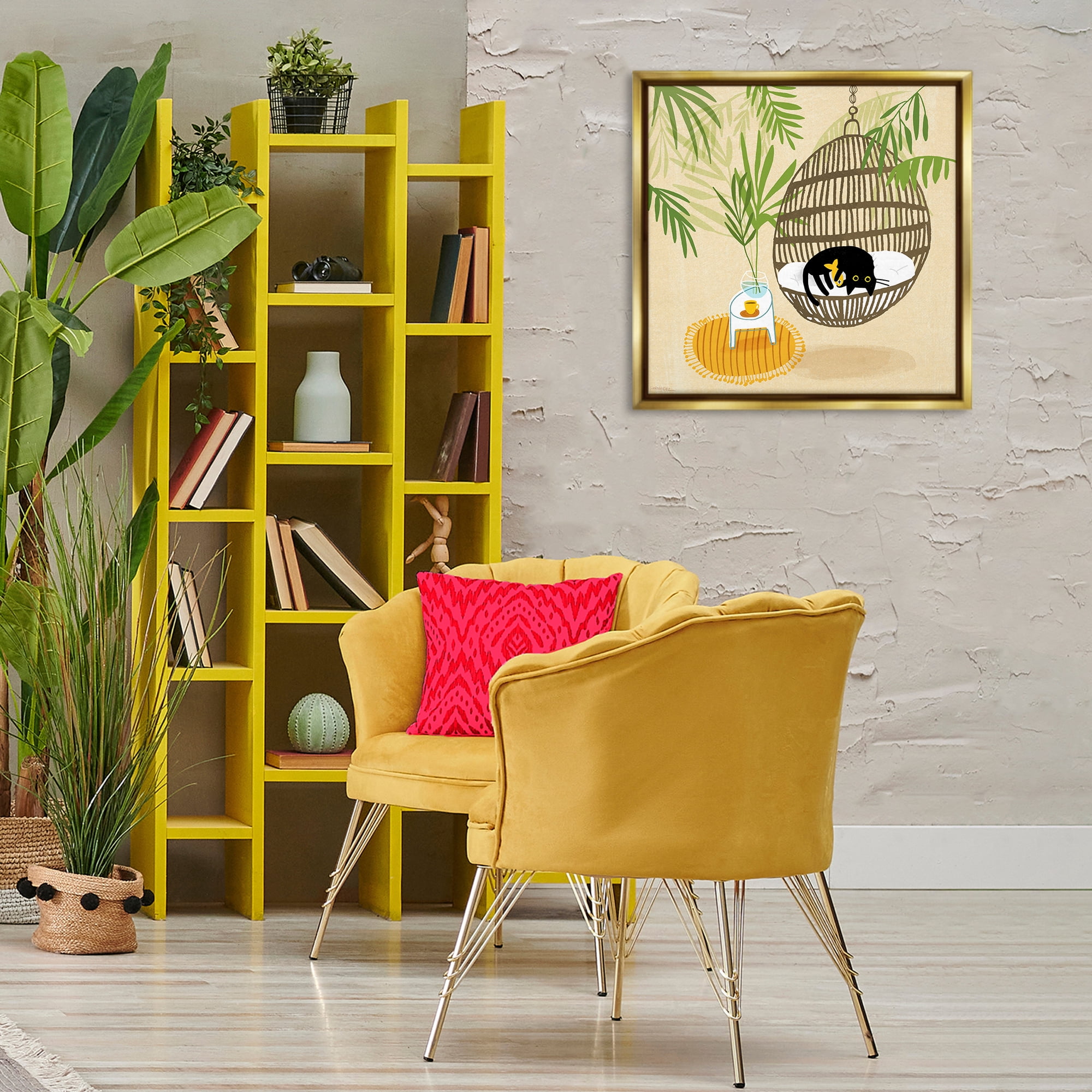 Stupell Industries Sleepy Cats on Porch Swing Animals Painting Gold Floater Framed Canvas Art Print Wall Art, 25 x 25