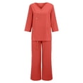 thumbnail image 4 of NMMUED Linen Two Piece Set Women Spring Airport Clothes Summer Flowy Boho Outfits Summer Shirts Wide Leg Linen Pants Loose Fit Cotton Linen Womens Matching Set Orange M, 4 of 6