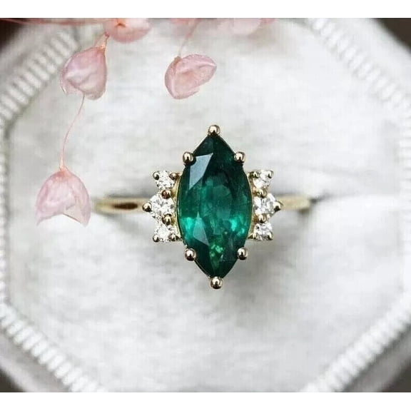 2Ct Marquise Cut Lab-Created Green Emerald Women's Wedding Ring 14K Yellow Gold Plated