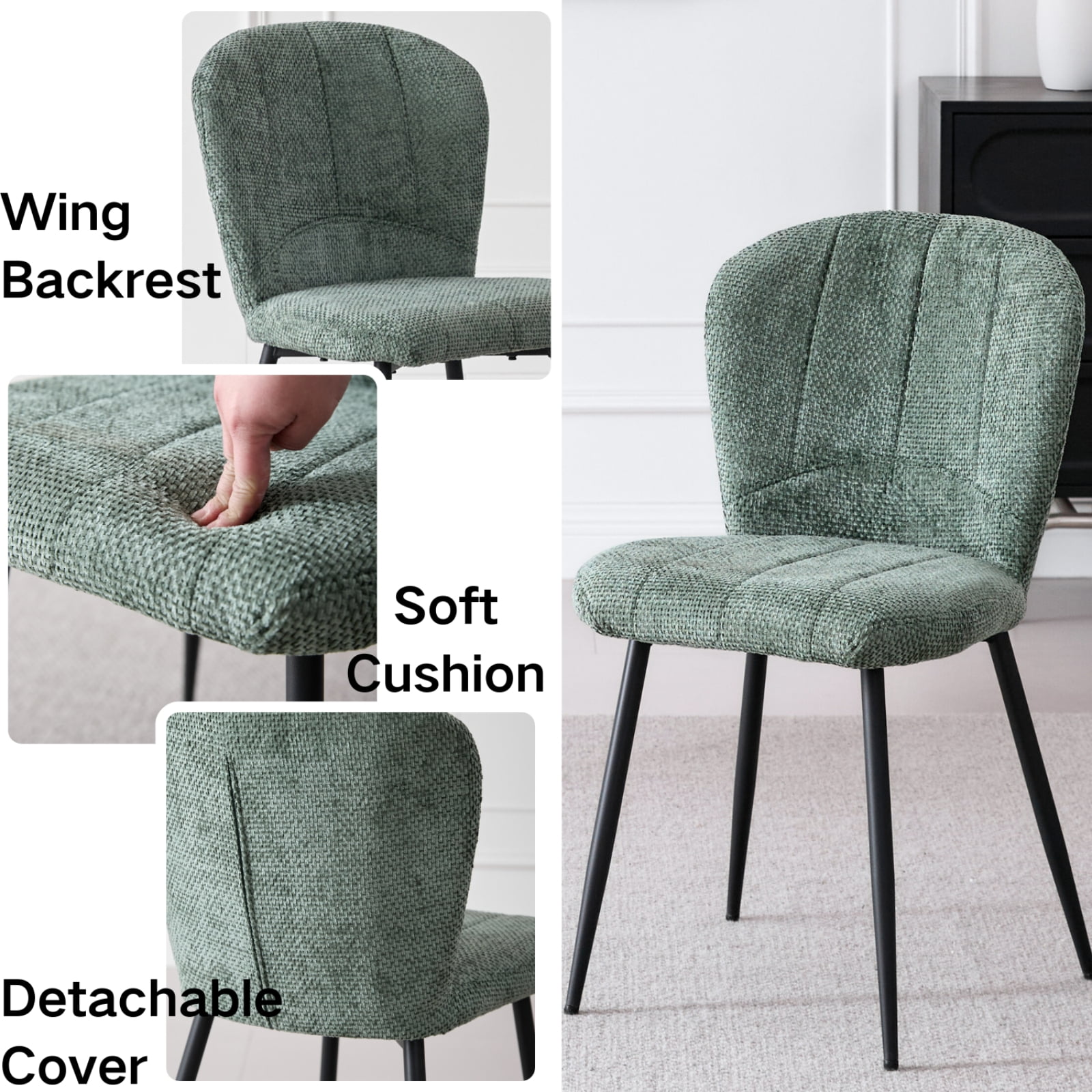 Dining Chairs Set of 2, Upholstered Chenille Fabric Kitchen Chairs With Metal Legs, Wingback Elegant Tufted Accent Vanity Chair For Dinner, Bedroom, Living Room, Apartment, Green
