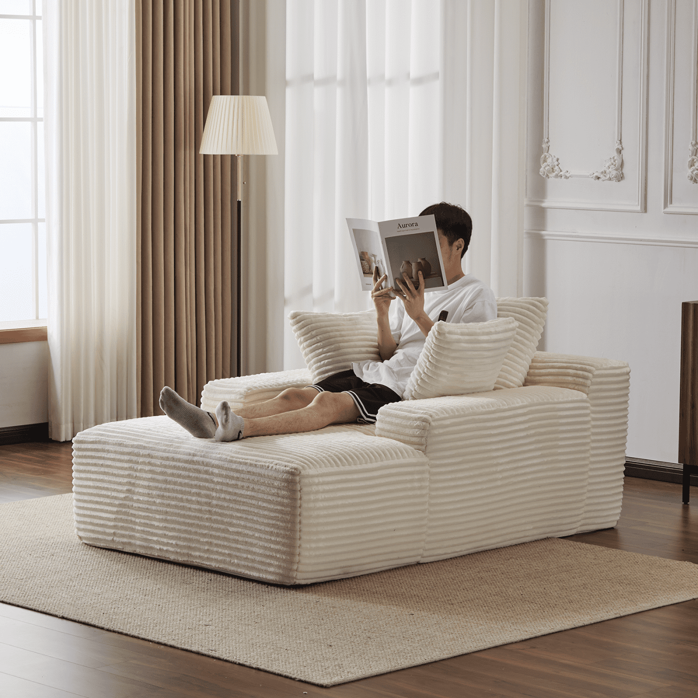 Oversized Chaise Lounge Chair Indoor, Corduroy Upholstered Sleeper Sofa Daybed with 3 Throw Pillows and Wide Armrest for Living Room, No Assembly Required,White