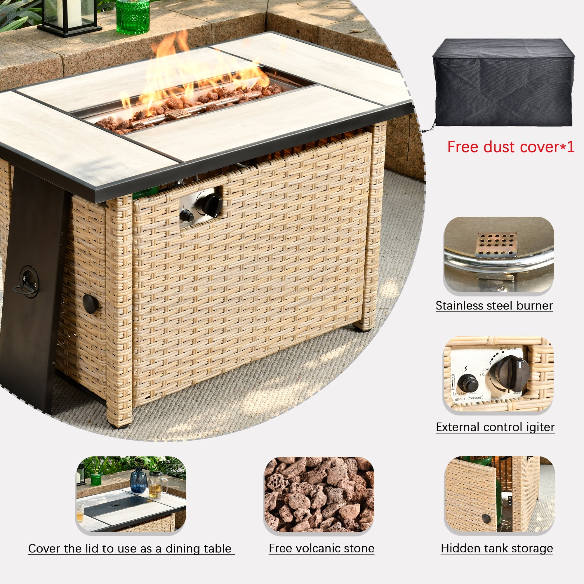 Ovios Outdoor Wicker Propane Fire Pit Table 42-Inch 50,000 BTU Flame Gas Fire Pits for Patio with Waterproof Cover & Lid Rectangle