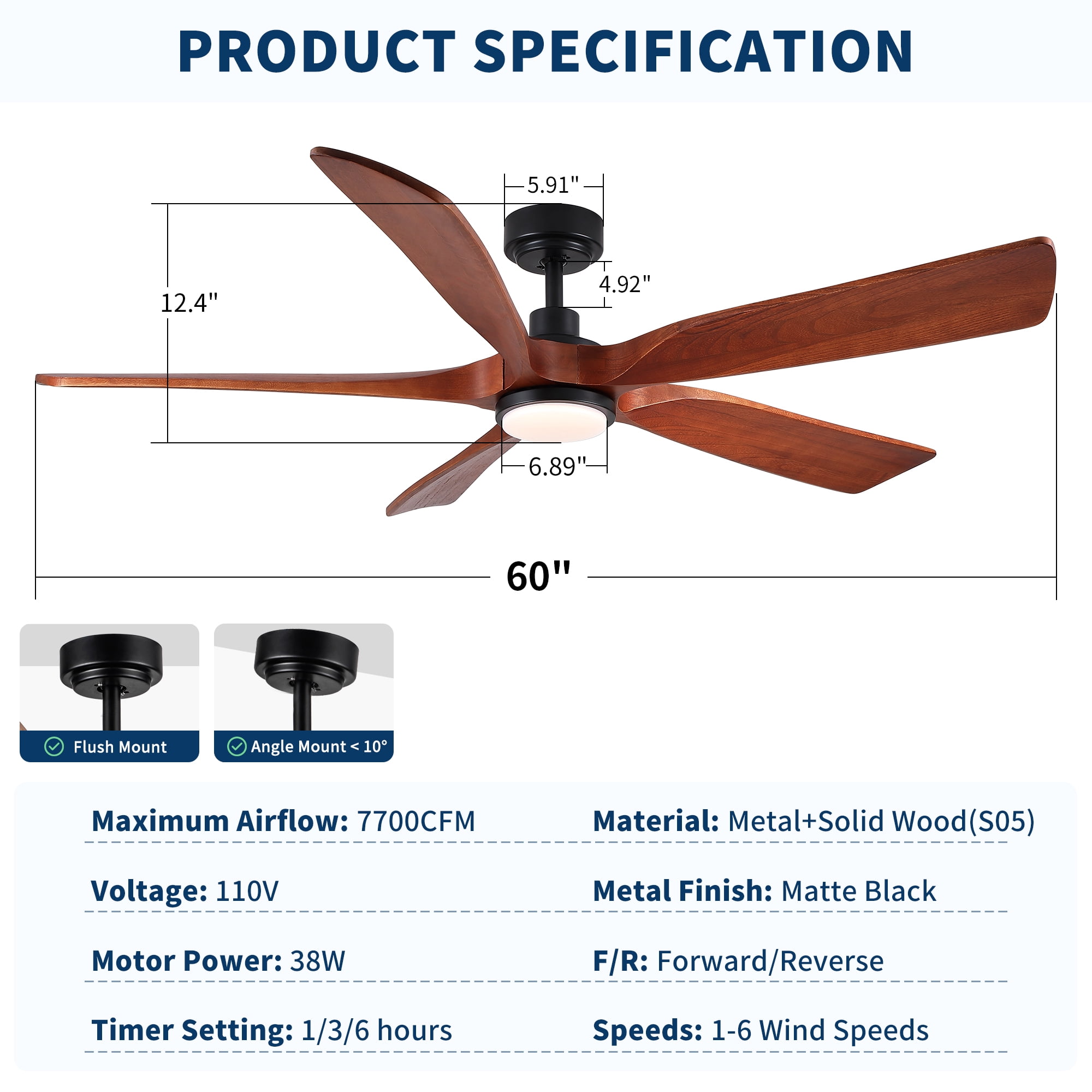 60" Vintage Mahogany Solid Wood Ceiling Fan with Light and Remote Control, Noiseless, Dimmable, 3CCT, 6 Speeds Reversible, Quiet DC Ceiling Fans for Indoor or Covered Outdoor Use
