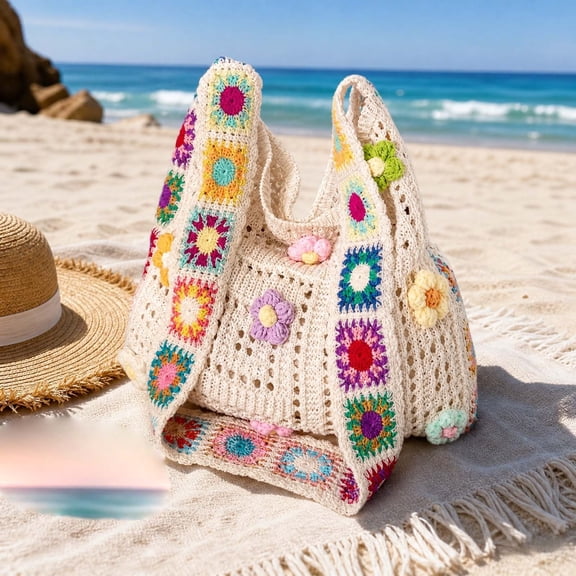 Crochet Tote Bag for Women, Floral Knit Purse, Boho Spring Summer Beach Handbag for Travel and Daily Use