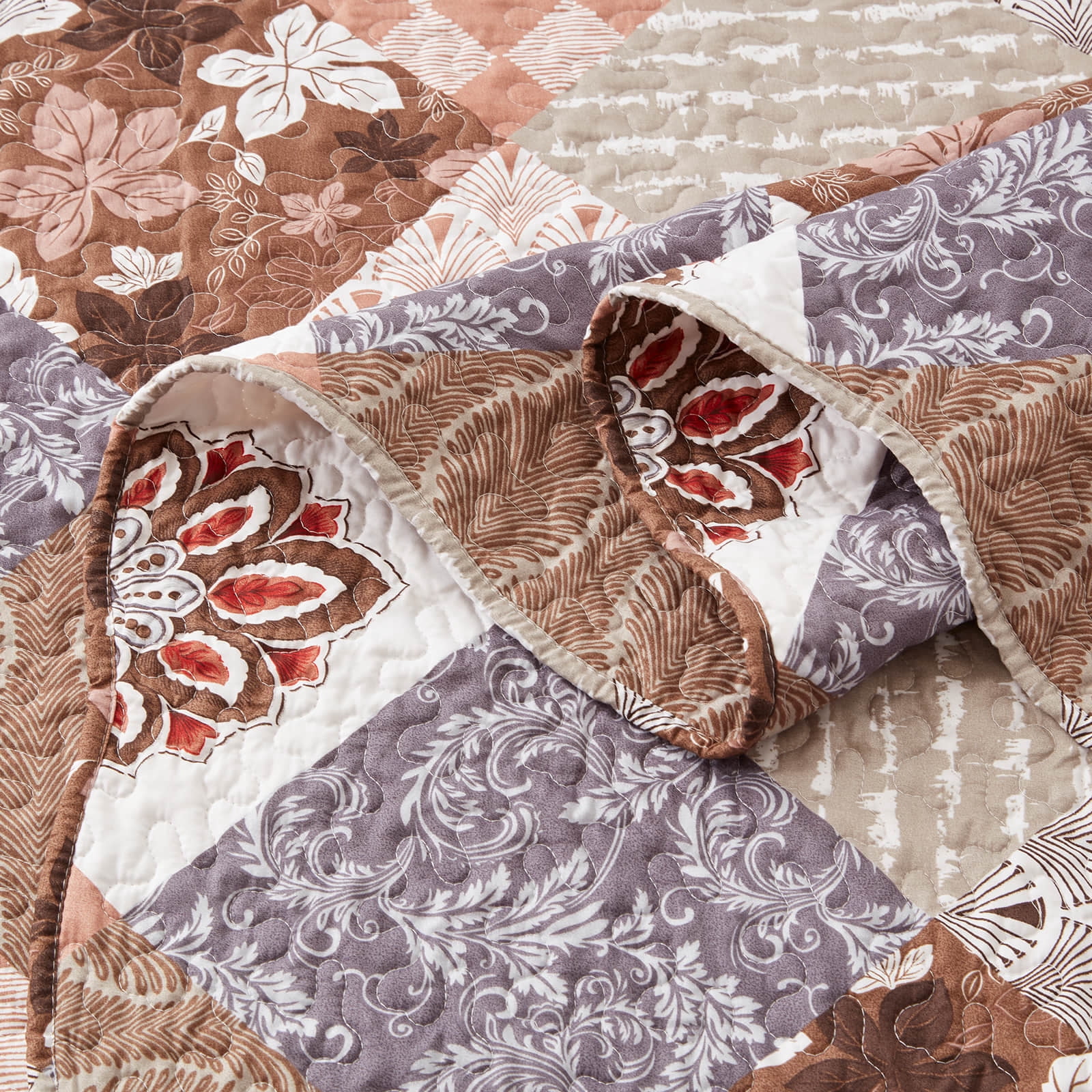 3-Piece Full/Queen Size Quilt Set - Brown patchwork Bedspread Coverlet with 2 Pillow Shams, Microfiber